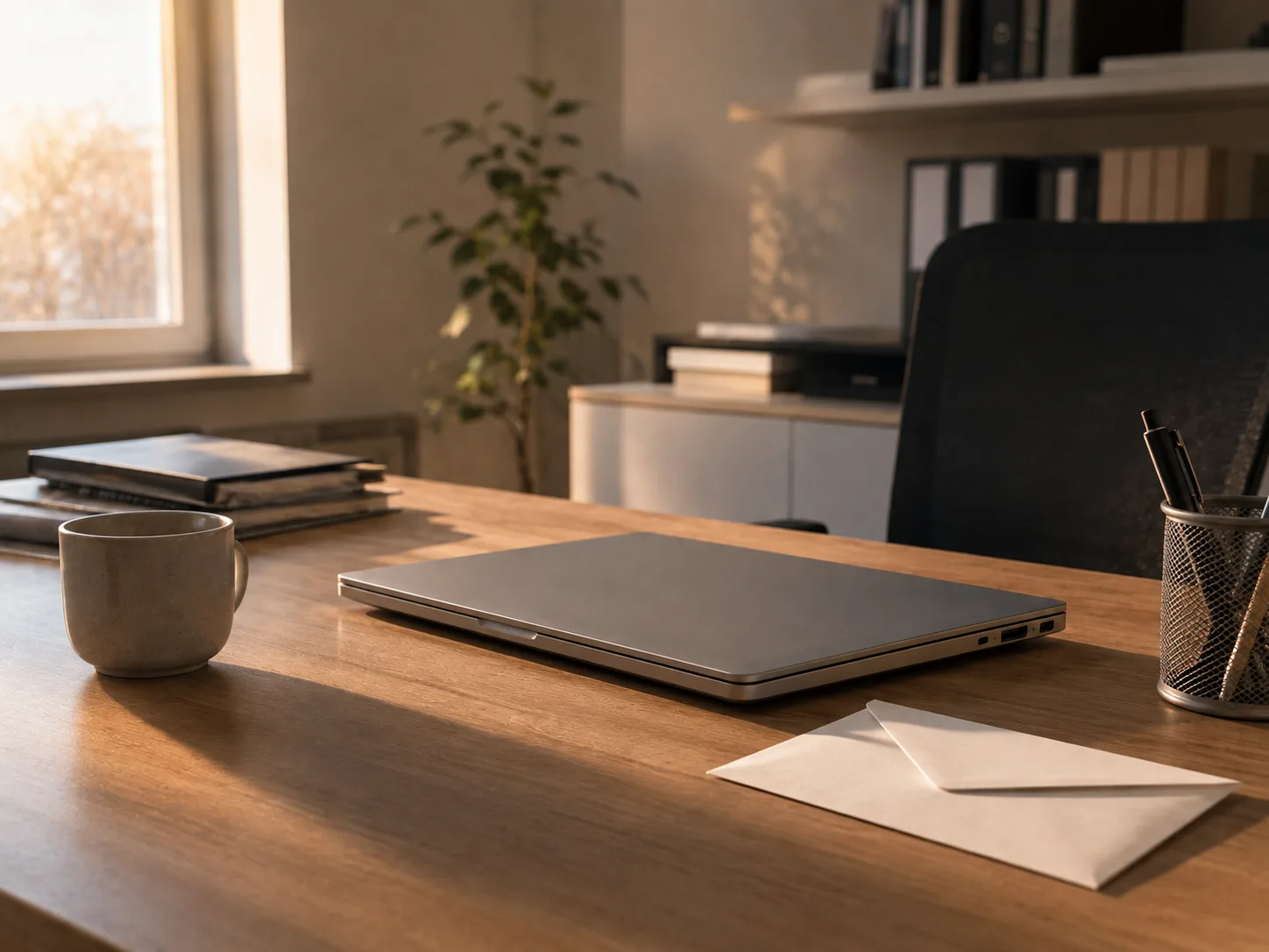 Aufgeräumter Schreibtisch mit geschlossenem Laptop, leerer Kaffeetasse und einem Umschlag