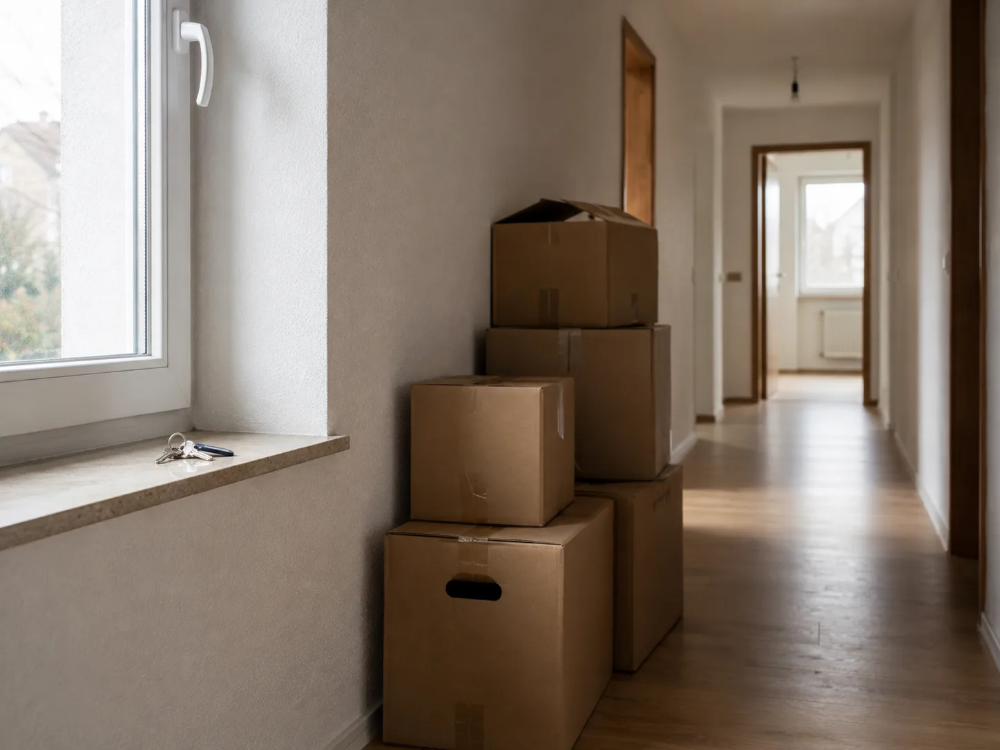 Leerer Wohnungsflur mit Umzugskartons an der Wand und einem Schlüsselbund auf der Fensterbank