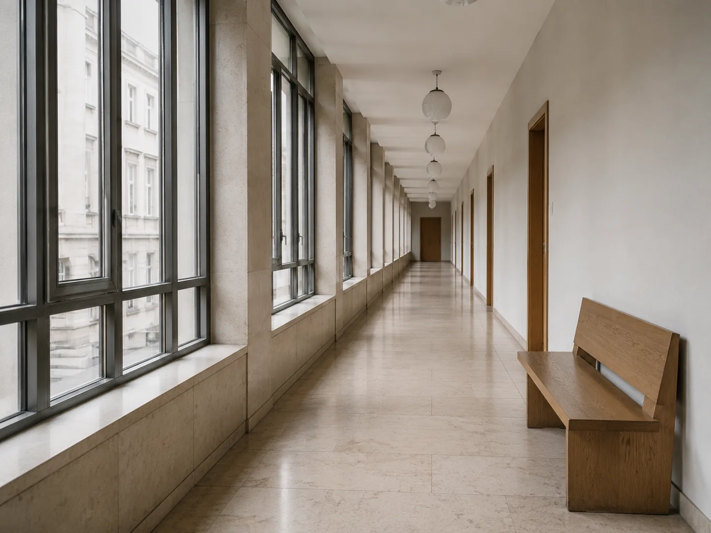 Nüchterner Gang in einem Gerichtsgebäude mit langer Fensterfront und leerer Bank