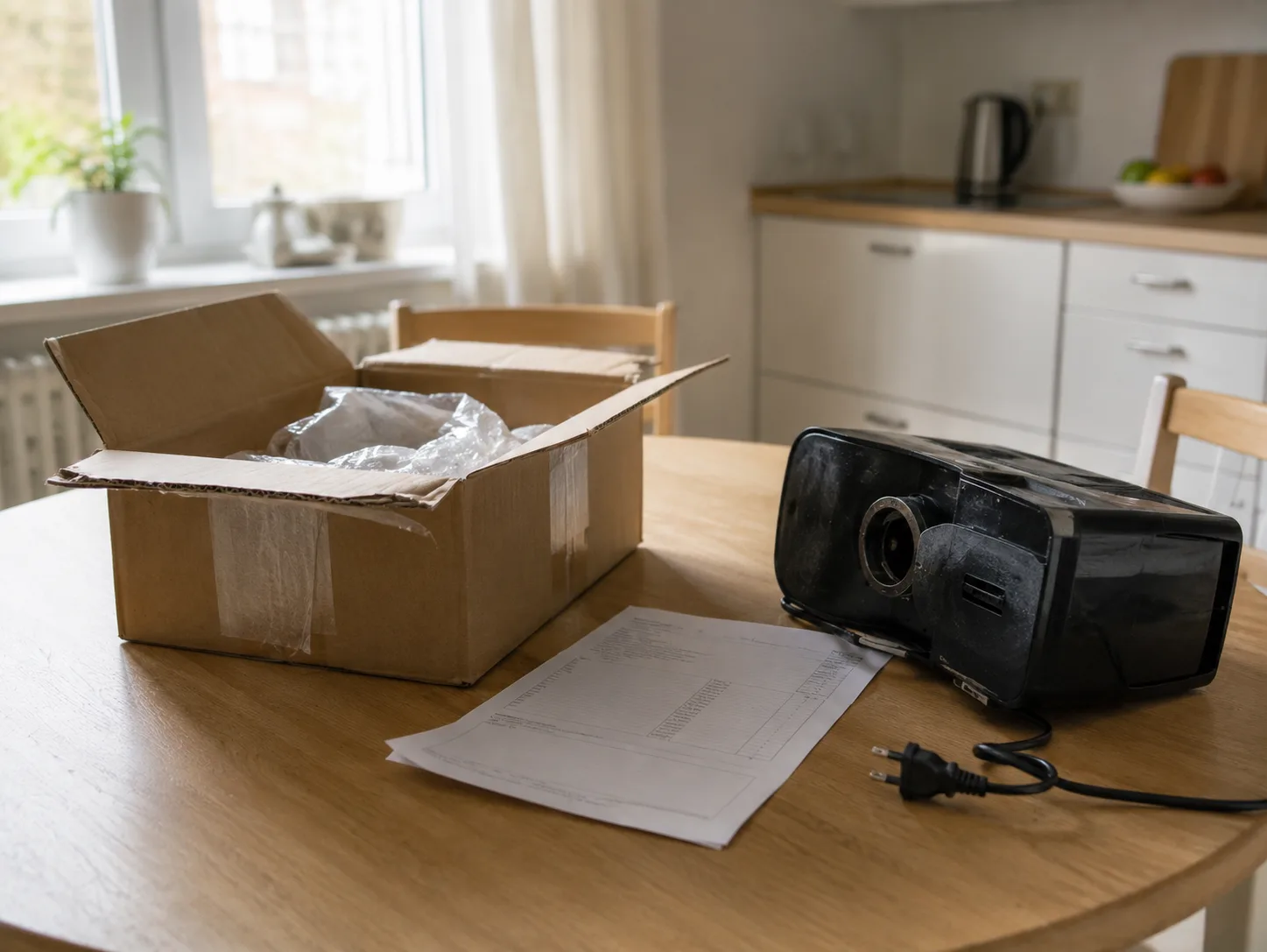 Küchentisch mit geöffnetem Paket, Lieferschein und einem defekten Gerät daneben